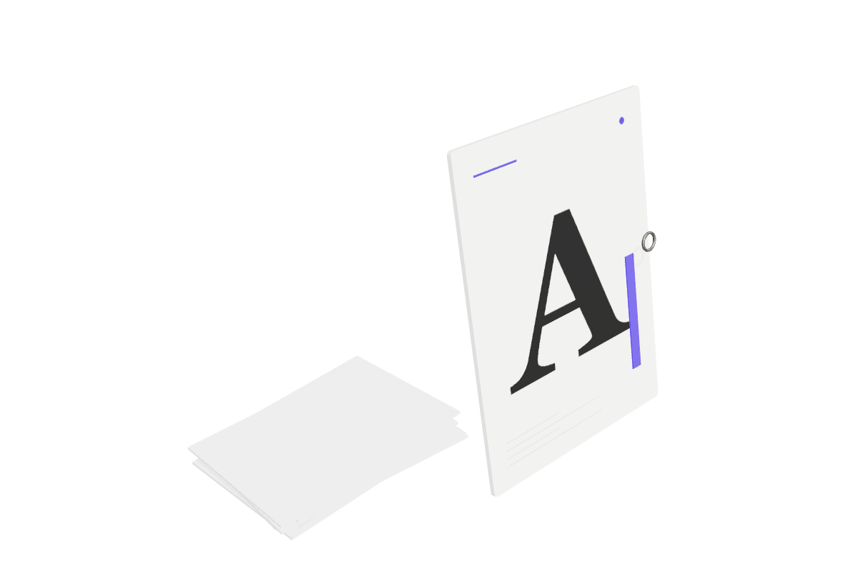 Rendered dictionary card with a giant letter A standing behind a small stack of index cards.