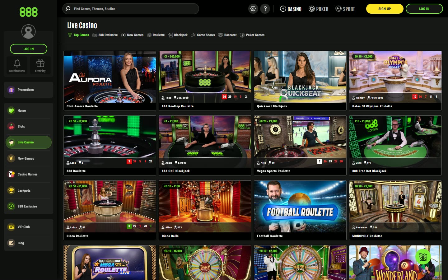 888casino Live casino as served to a logged-out desktop visitor on 2026-09-20; unaltered screenshot