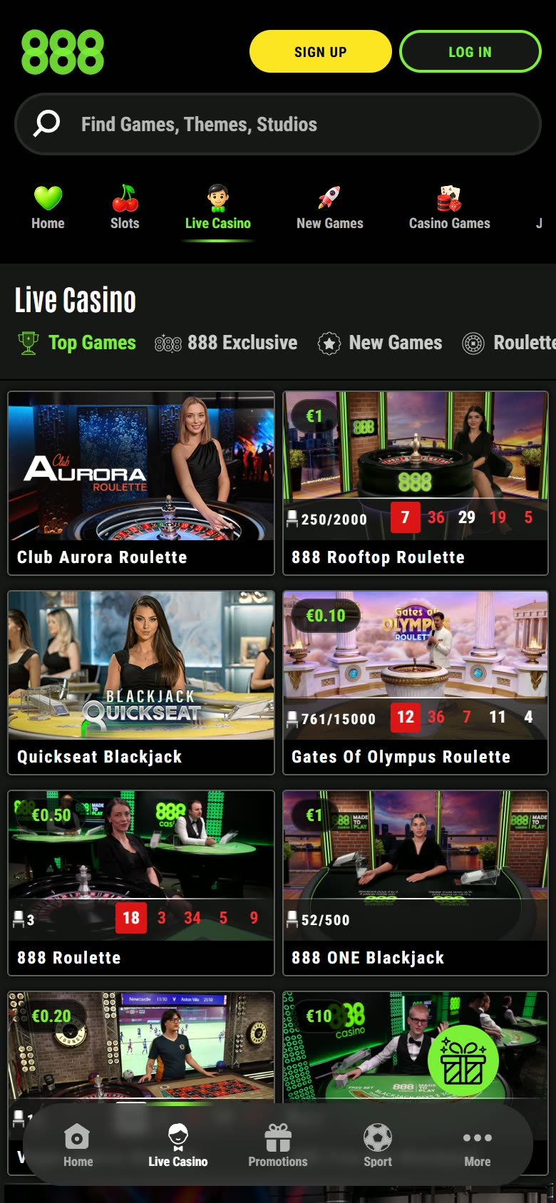 888casino Live casino as served to a logged-out mobile visitor on 2026-09-20; unaltered screenshot