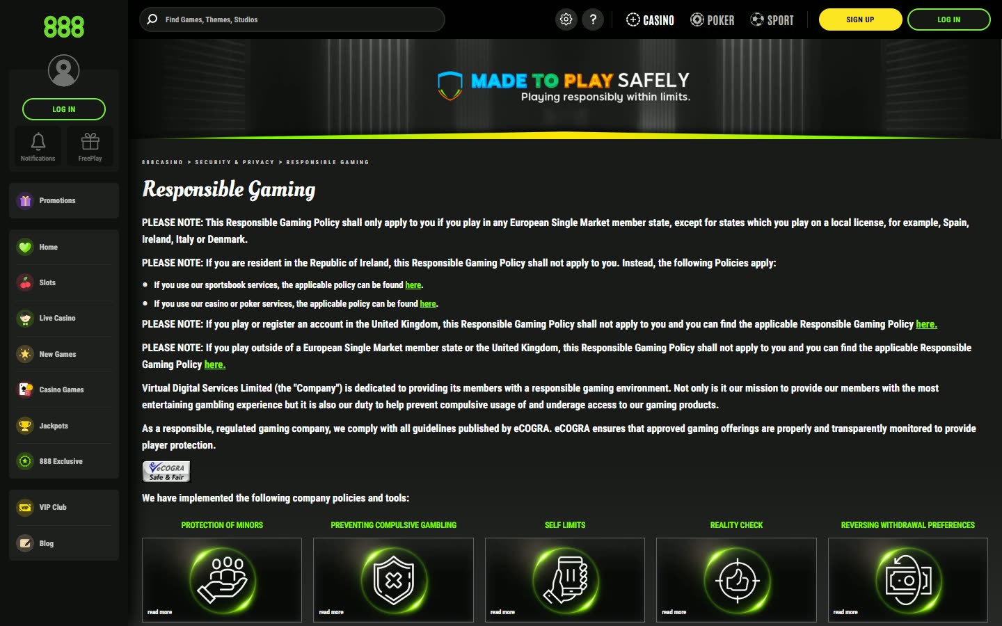 888casino Safer-gambling tools as served to a logged-out desktop visitor on 2026-09-20; unaltered screenshot