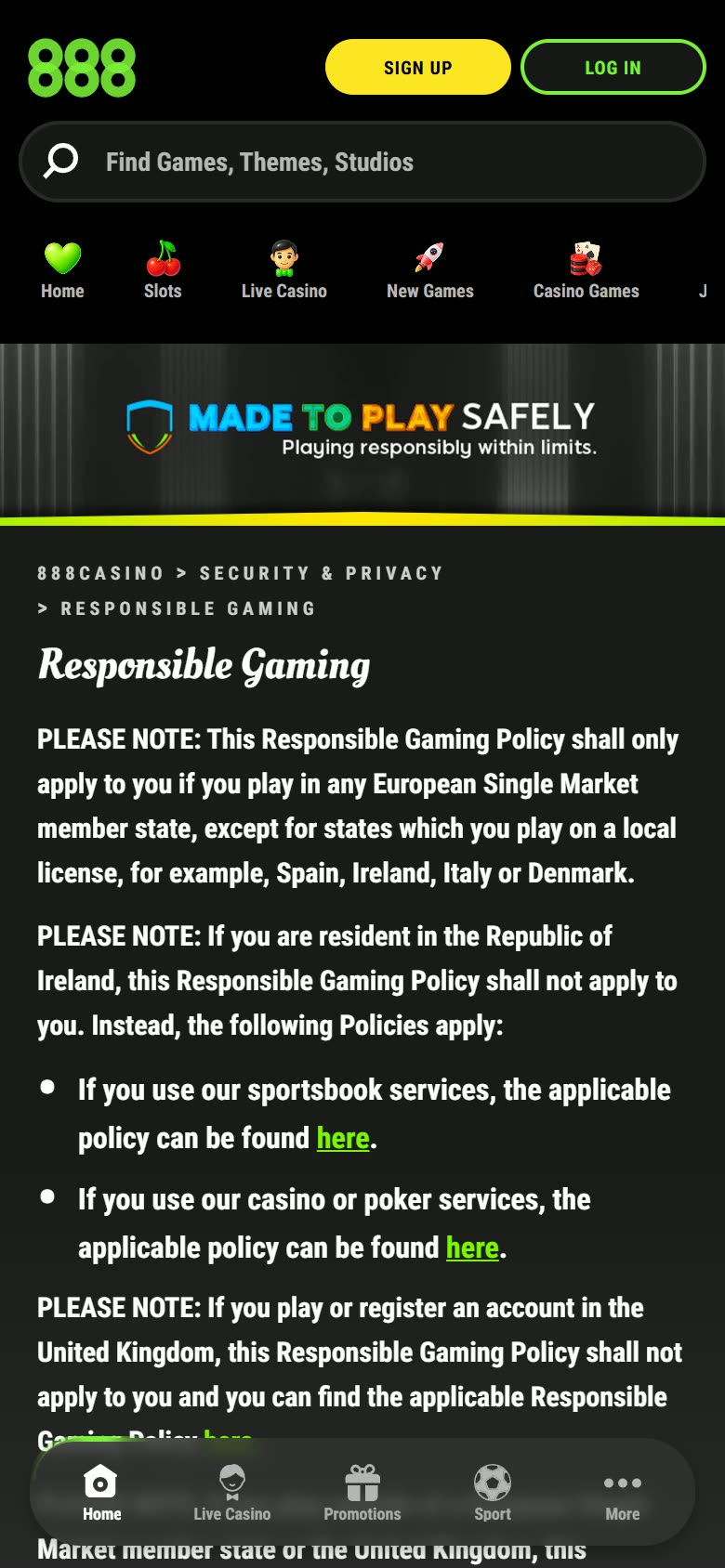 888casino Safer-gambling tools as served to a logged-out mobile visitor on 2026-09-20; unaltered screenshot