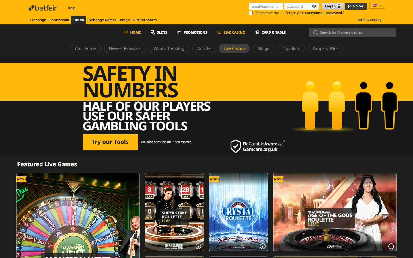 Betfair Casino Live casino as served to a logged-out desktop visitor on 2026-09-20; unaltered screenshot