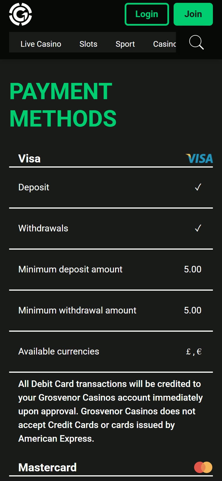 Grosvenor Casinos Payments and help as served to a logged-out mobile visitor on 2026-09-20; unaltered screenshot