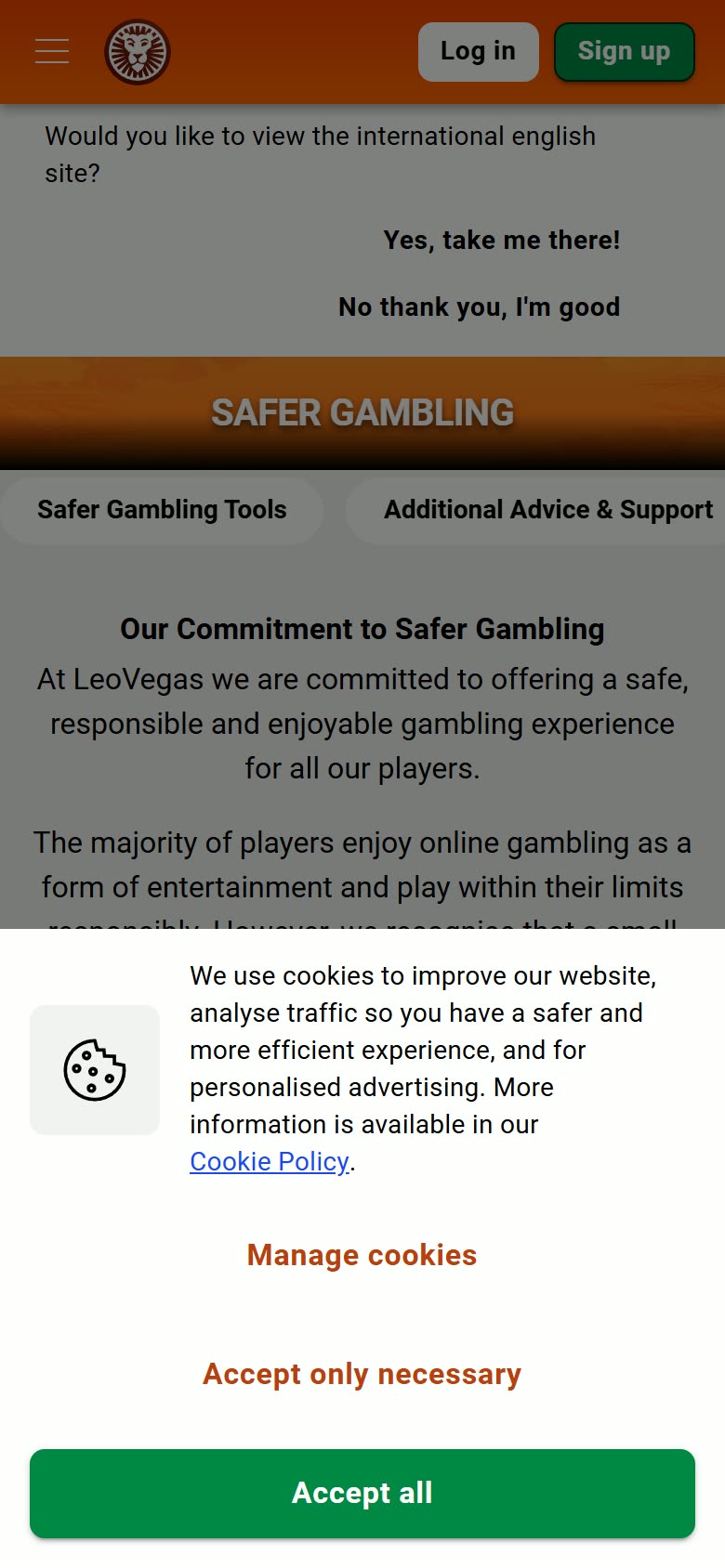 LeoVegas UK Safer-gambling tools as served to a logged-out mobile visitor on 2026-09-20; unaltered screenshot